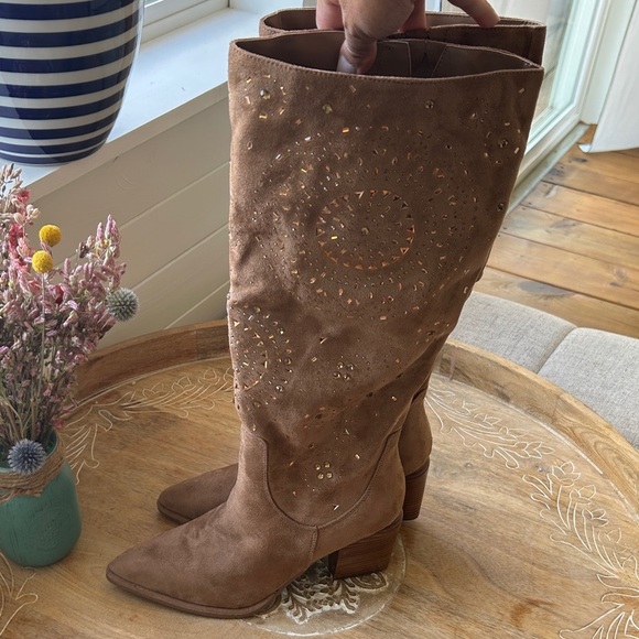 Tan  Suede Embellished Knee-High Boots - Picture 6 of 16